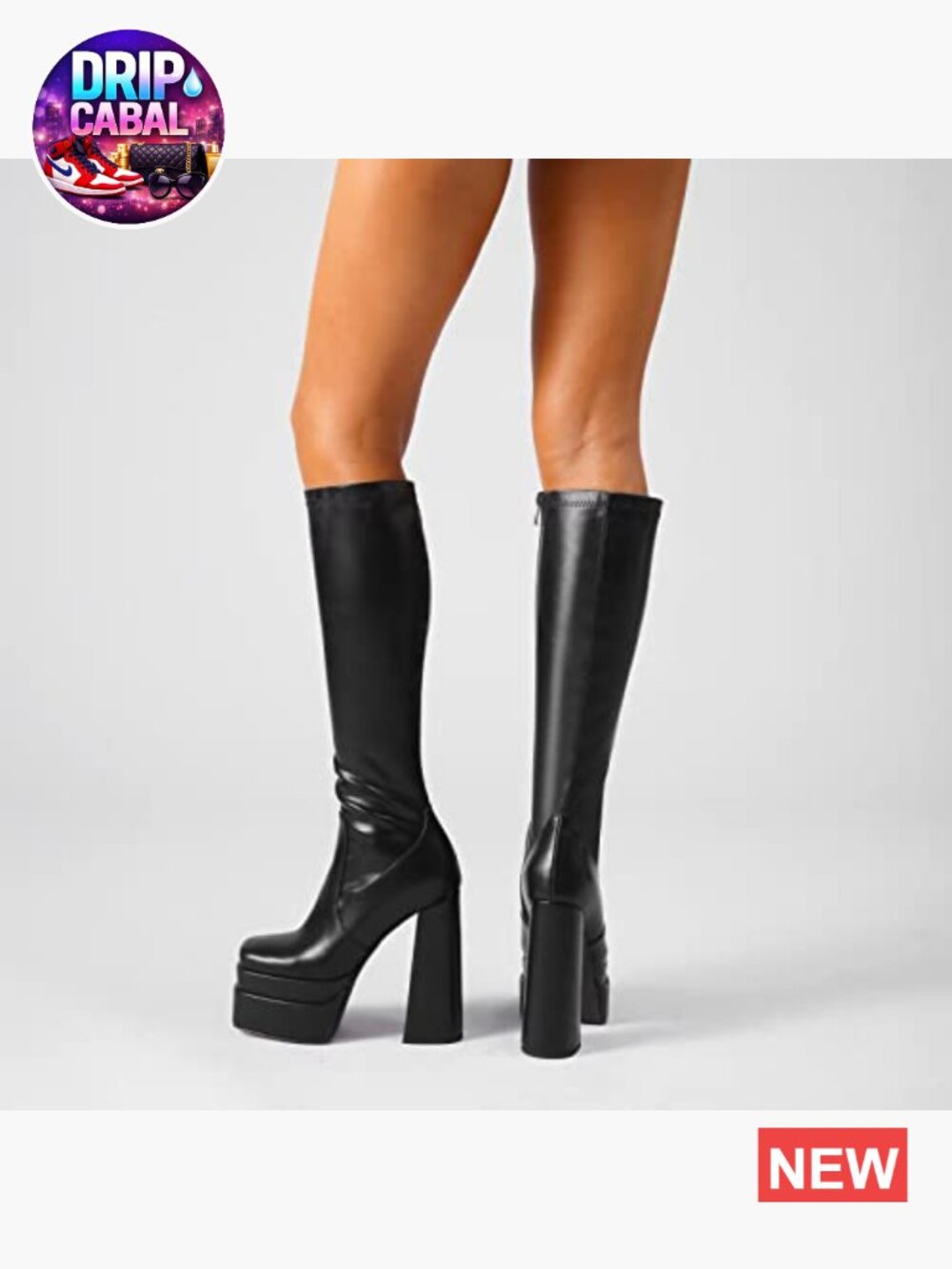Classic Platform Knee High Boots Chunky Heel Square Toe Stretch Fabric - Picture 6 of 7